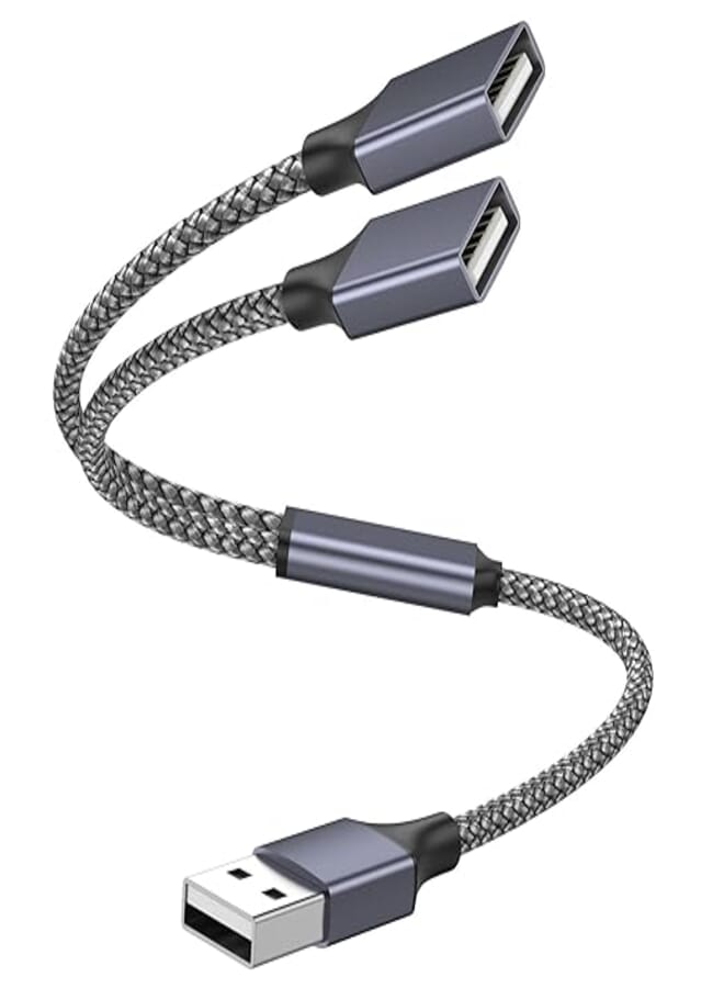 كابل تقسيم USB، مقسم 1 إلى 2، 1 قدم/30 سم ذكر إلى كابل تمديد أنثويين، كابل USB ذكر إلى 2 أنثوي لجهاز الكمبيوتر/اللابتوب/ماك بوك/لوحة المفاتيح/PS4/PS5/ذاكرة فلاش/LED إلخ. (رمادي)